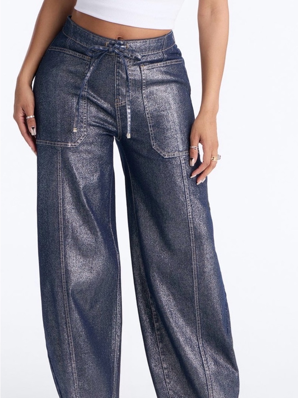 Wide-Leg Metallic Navy Jeans